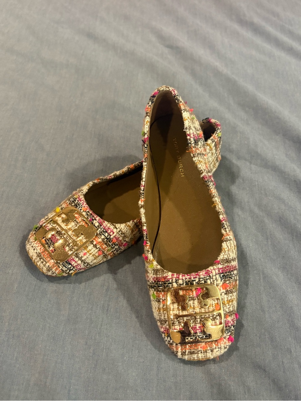 Tory Burch Pink, Cream & Gold Tweed Logo Flats